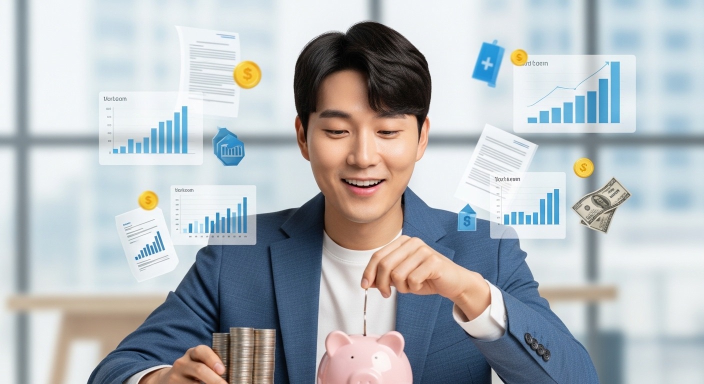 청년미래적금, 왜 중요한가? 청년 자산 형성의 필요성 - 한 한국인 청년이 환한 미소를 지으며 저금통에 동전을 넣고 있으며, 그의 미래를 위한 자산 형성을 상징하는 서류와 성장 그래프가 주변에 흐릿하게 보인다.
