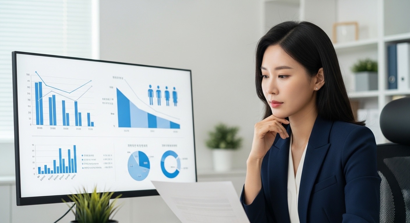 2026년 국민연금 보험료율 인상 논의의 배경과 현황 - 한 한국인 여성이 사무실에서 국민연금 개혁 관련 복잡한 재정 차트와 서류를 검토하고 있으며, 모니터에는 인구 구조 변화 그래프가 나타나 국민연금 시스템의 압박을 시사하는 모습