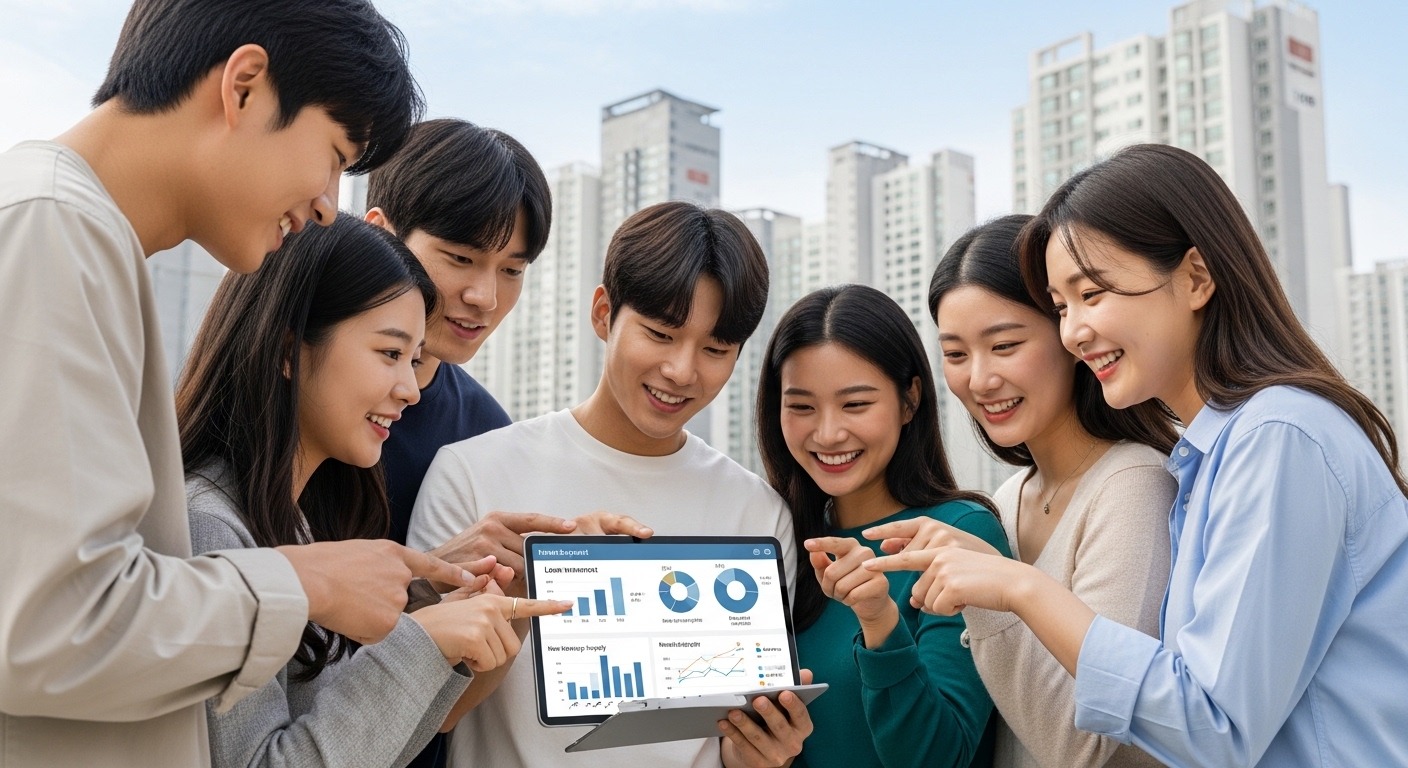 2026년 청년 주거지원 정책의 주요 방향과 변화 - 한국인 청년들이 디지털 태블릿을 보며 주거 정책에 대해 행복하게 이야기하는 모습. 뒤로는 현대적인 주택단지가 보인다.