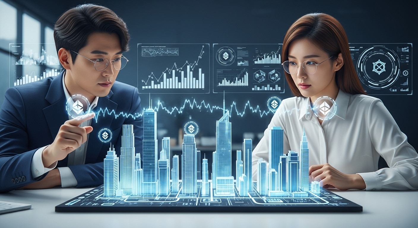 메타버스 부동산, 단순한 유행인가 미래 투자처인가? - 한국인 투자자들이 홀로그램 메타버스 지도를 통해 가상 부동산을 분석하는 모습