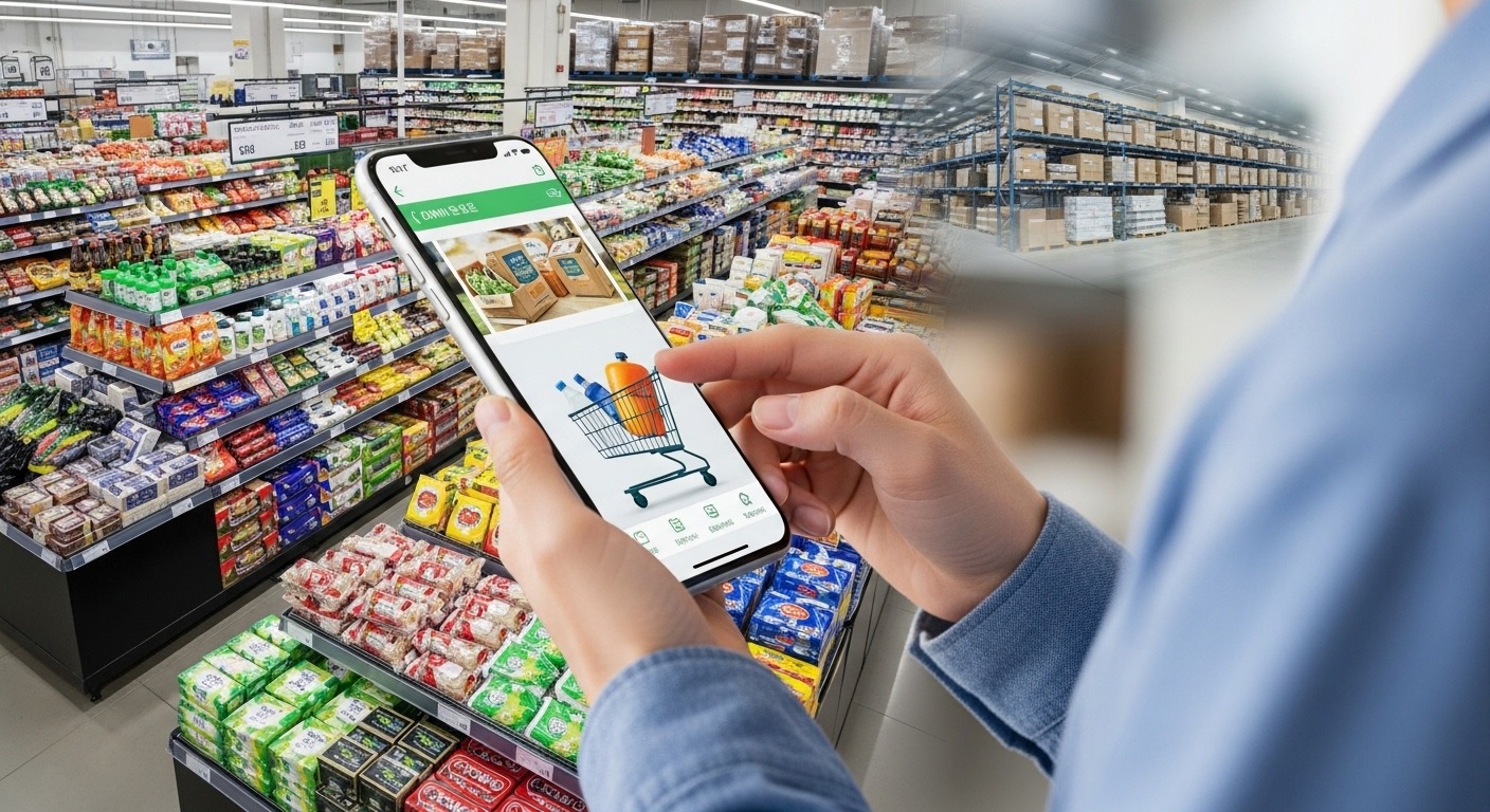 규제 완화 논의의 배경과 현재 상황 - 한국인 소비자가 스마트폰으로 새벽배송 앱을 사용하는 모습과 대형마트 진열대, 물류 창고의 이미지가 합성되어 현대 유통 환경의 변화를 시사하는 장면