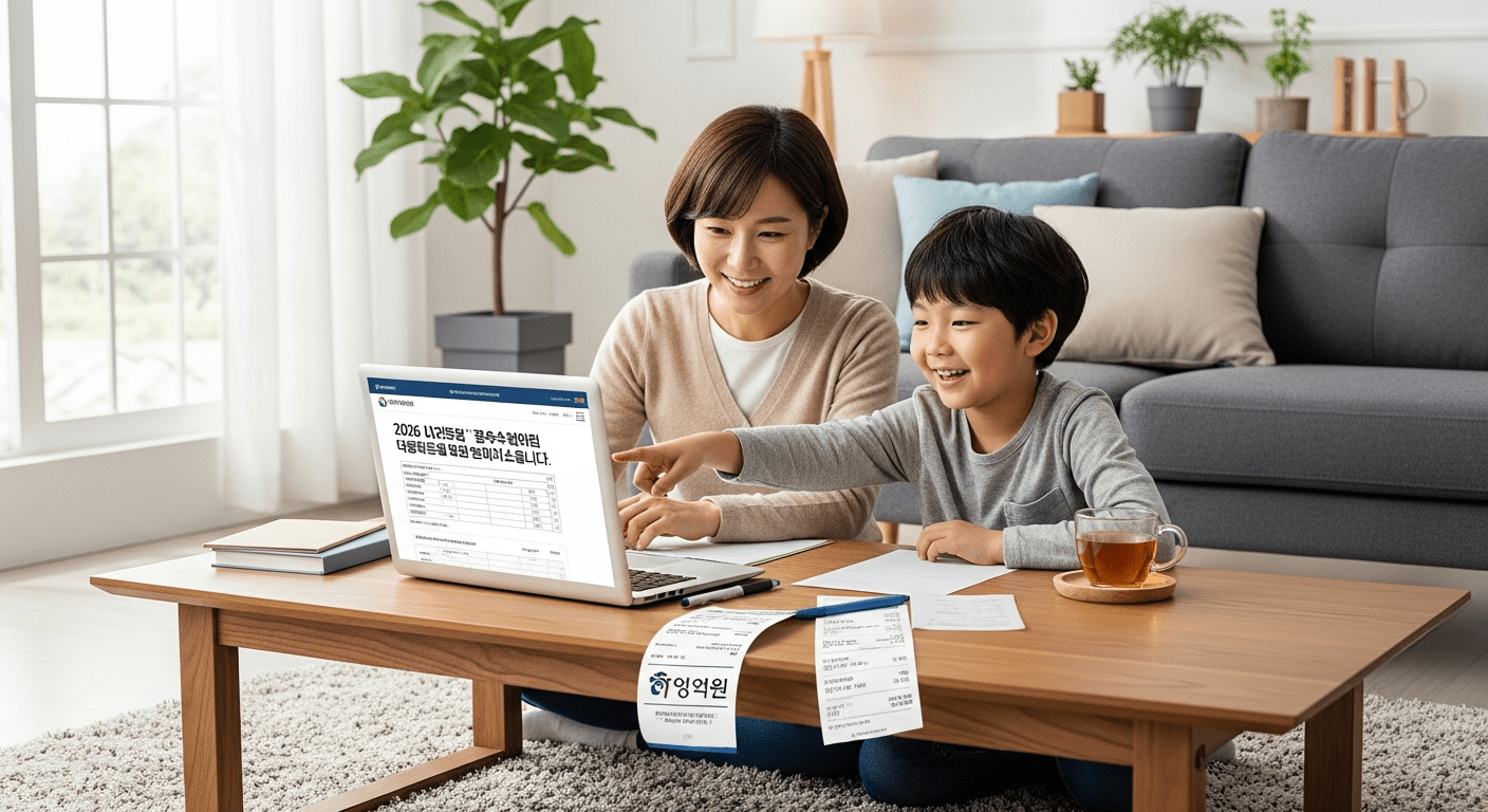 초등 저학년 학원비 세액공제 - 한국인 어머니와 초등학교 저학년 아이가 거실에서 학원 영수증을 정리하며 연말정산을 준비하는 모습