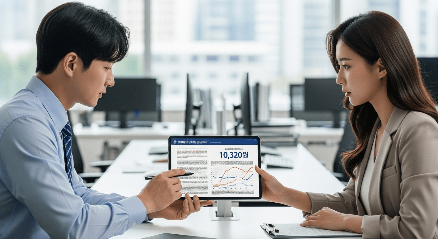 2026년 최저임금 결정 배경과 법적 효력 - 한국인 근로자들이 사무실에서 2026년 최저임금인 10,320원 관련 정책 자료를 검토하는 모습