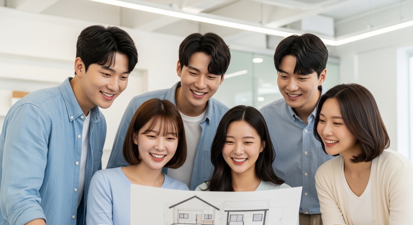 청년 주택 드림 대출 확대의 배경 및 핵심 개편 내용 - 여러 명의 한국 청년들이 웃으며 주택 설계도를 보고 있는 모습, 내 집 마련의 희망을 표현함.