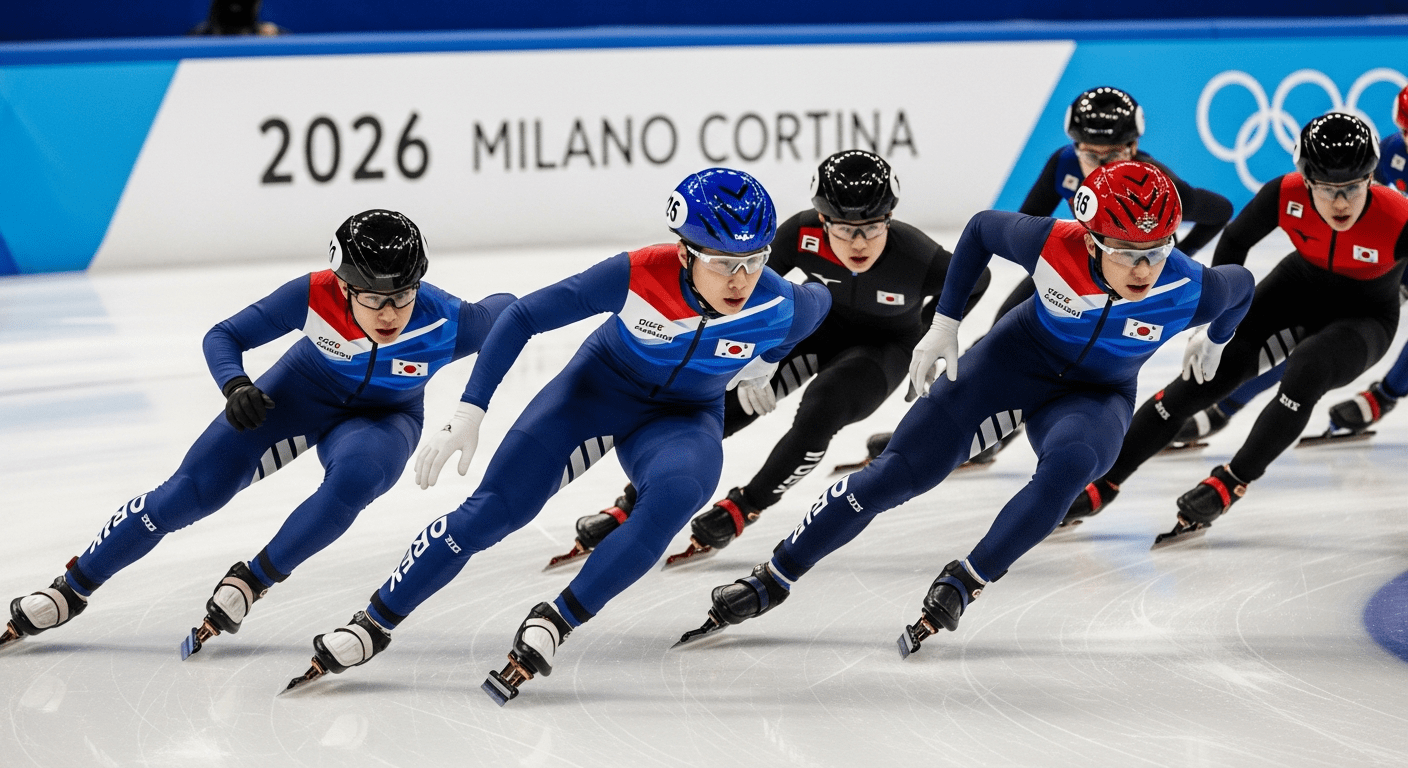 대회 초반 승부처: 쇼트트랙 및 스피드스케이팅 경기 일정 - 2026 밀라노 동계올림픽 빙상 경기장에서 한국 국가대표 선수들이 역동적으로 코너를 돌며 레이스를 펼치는 모습