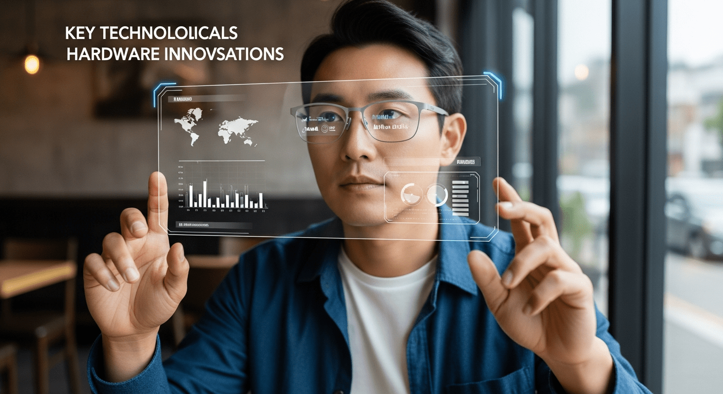 3세대 AI 스마트 글래스의 주요 기술 사양과 하드웨어 혁신 - 한국인 남성이 스마트 글래스를 착용하고 증강현실 인터페이스를 활용하는 미래지향적인 모습