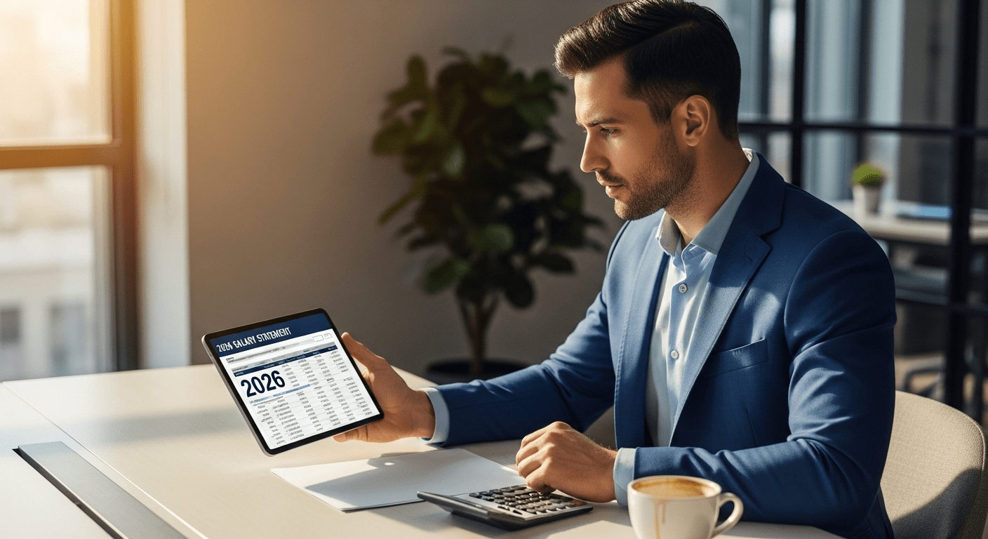 2026년 최저임금 결정 배경과 시간당 시급의 법적 효력 - 한국인 근로자가 책상에 앉아 2026년 월급 명세서가 표시된 태블릿과 계산기를 확인하며 분석하는 모습