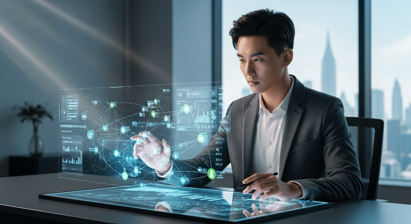 AI 검색 엔진의 작동 원리와 사용자 의도 파악 - 한국인 전문가가 미래지향적인 사무실에서 홀로그램 디스플레이를 통해 복잡한 신경망 그래프와 데이터 흐름을 분석하며 AI 알고리즘을 연구하는 모습