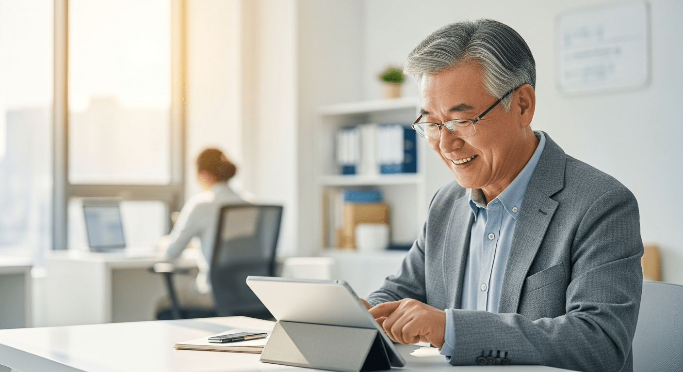 2026년 시니어 일자리 사업 신청 기간 - 밝은 분위기의 사무실에서 태블릿 PC를 활용해 일자리 정보를 검색하며 활기찬 노후를 준비하는 한국인 시니어의 모습