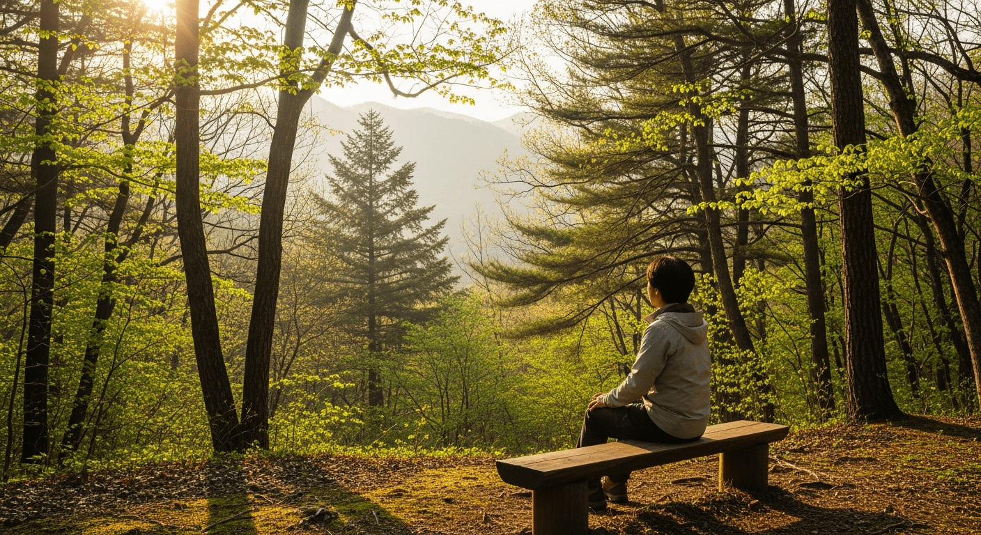 현대 사회의 디지털 피로도와 디톡스의 필요성 - 숲속 벤치에 앉아 전자기기 없이 산을 바라보며 휴식하는 한국인의 모습