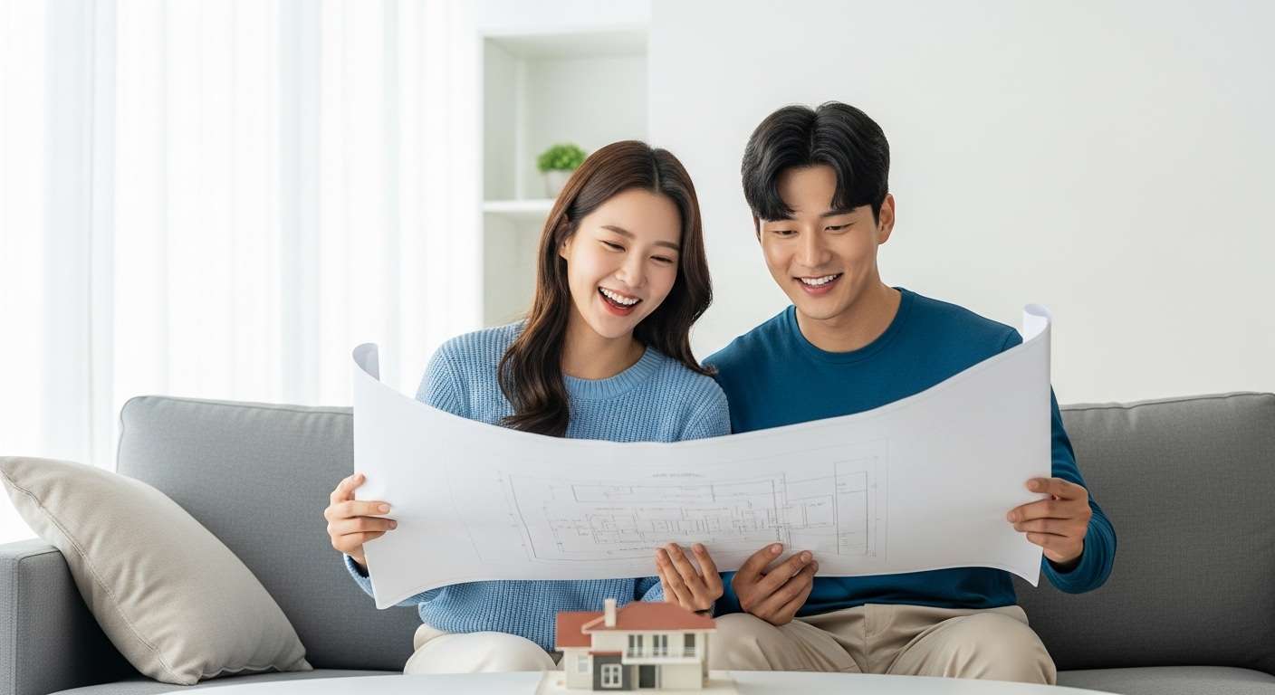 신혼부부 주택 특별공급의 중요성 - 주택 모델을 보며 미래를 그리는 행복한 한국인 신혼부부의 모습