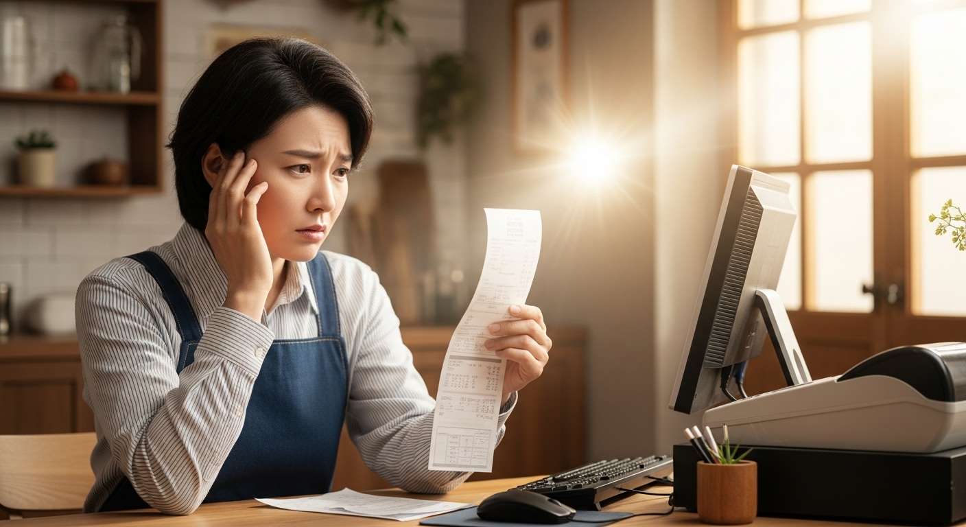 2026년 소상공인 전기요금 감면 지원, 주요 정책 방향과 전망 - 한 한국인 소상공인이 가게 안에서 전기요금 고지서를 살펴보는 모습과 함께 정부 지원의 희망적인 빛이 비추는 장면