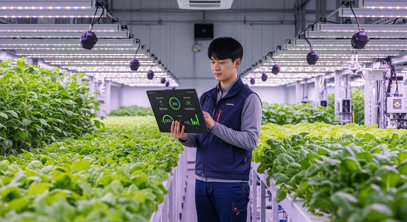 스마트 농업 보조금 신설, 왜 지금인가? - 한국의 젊은 농업인이 태블릿을 보며 첨단 스마트팜의 작물 환경을 제어하는 모습