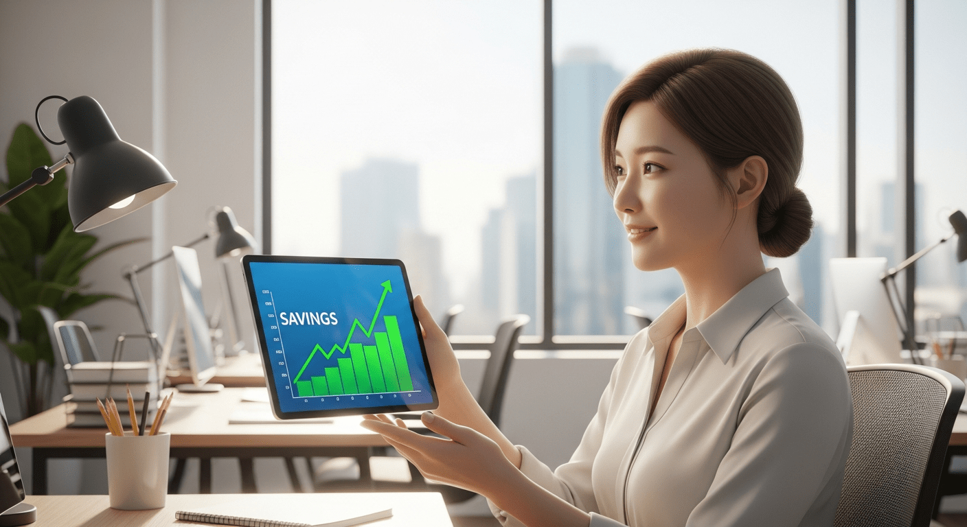2026년 청년도약계좌 기본 가입 대상 및 연령 기준 - 한 젊은 한국인 청년이 밝은 사무실에서 태블릿을 통해 자산이 증식되는 그래프를 보며 미소 짓는 모습