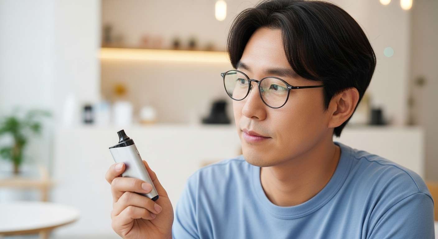 무니코틴 전자담배의 부상: 레딜은 어떤 위치인가? - 30대 중반의 한국인이 밝고 미니멀한 카페에서 세련된 무니코틴 전자담배 기기를 사려 깊게 바라보는 모습.