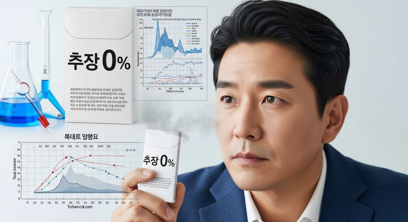 '타르 0%' 마케팅의 이면: 담배 성분 규제의 복잡성 - 한 한국인 남성이 '타르 0%' 담배 제품을 보며 담배 성분 규제와 과학적 진실 사이의 복잡성에 대해 생각하는 모습.