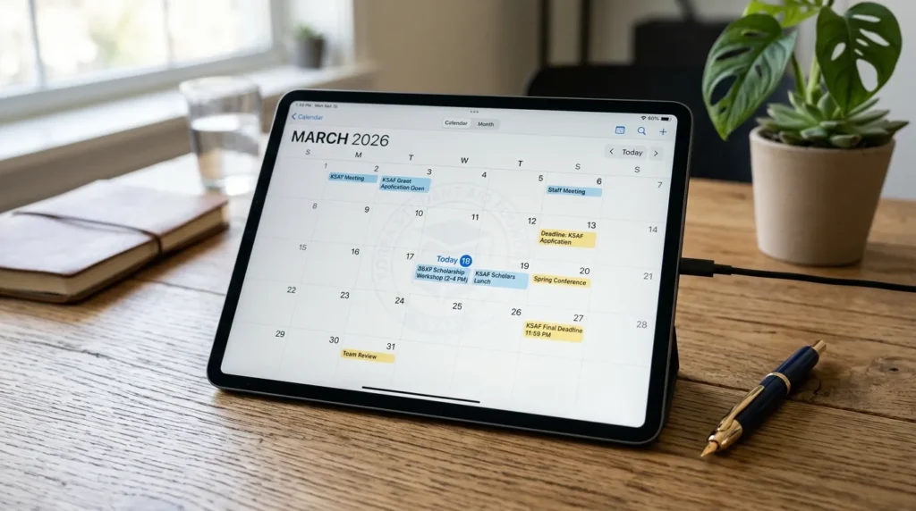현대적인 태블릿에 표시된 2026년 3월 디지털 달력. 배경에는 한국학생지원재단 로고가 은은하게 들어가 있고, 옆에는 만년필이 놓여 있다.
