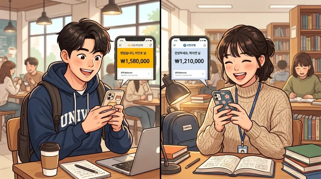 화면 분할 이미지. 한국 대학생 남녀가 각자의 스마트폰으로 은행 잔고를 확인하며 행복한 표정을 짓고 있다.