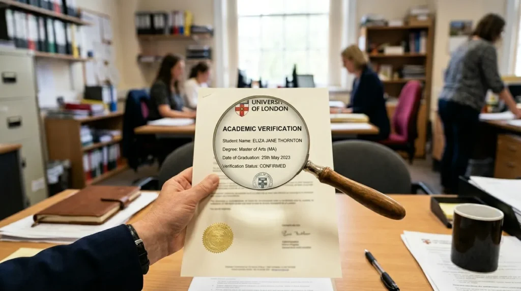 확대경으로 "학업증명서"라고 쓰인 문서를 확대해서 보여주고, 배경에는 대학 행정실이 흐릿하게 보인다.