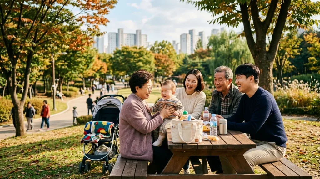 햇살 가득한 공원에서 아기를 안은 젊은 한국 가족과 노부부가 함께 앉아 있는 따뜻하고 현대적인 풍경은 세대 간의 지지와 행복을 상징합니다.