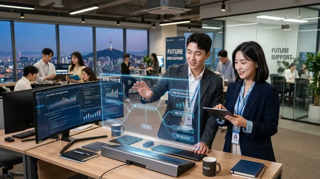 첨단 기술이 적용된 개방형 사무실에서 홀로그램과 디지털 스크린을 바라보며 일하는 젊은 한국 전문직 남녀는 미래지향적인 직업 지원을 보여줍니다.