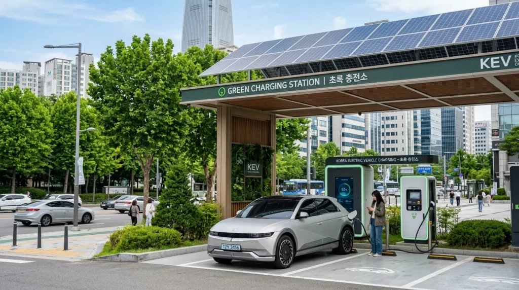 깨끗한 한국 도시의 현대적인 친환경 충전소에서 전기차가 충전 중인 모습. 배경에는 태양광 패널과 나무들이 보입니다.