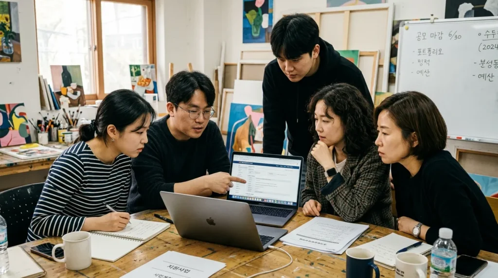 한국인 예술인들이 모여 지원금 신청 서류와 관련된 정보를 서로 이야기하고 있는 모습. 다 함께 노트북 화면을 보며 진지하게 의견을 나누고 있다.