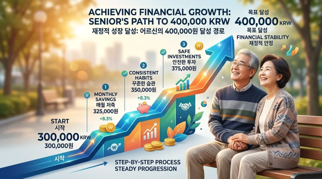 30만 원으로 시작하여 40만 원으로 상승하는 화살표 차트를 단계별로 보여주는 전문적인 인포그래픽. 배경에는 희망에 찬 표정의 한국인 노부부가 보인다.