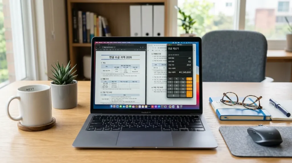 깔끔하고 현대적인 사무실 책상 위에는 노트북 화면에 금융 계산기와 한국어로 '2026년 연금 수급 자격'이라는 제목의 문서가 놓여 있고, 옆에는 돋보기가 있다.