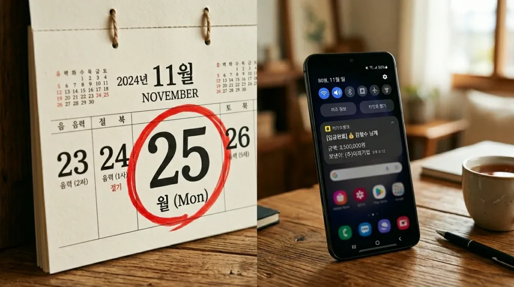 전통적인 한국식 벽걸이 달력의 25일째 되는 날이 빨간색으로 동그라미 쳐져 있고, 옆에는 모바일 뱅킹 입금 알림이 뜬 스마트폰이 놓여 있다.