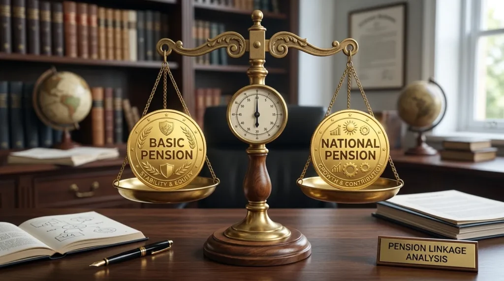 '기본연금'이라고 적힌 금화와 '국민연금'이라고 적힌 금화가 같은 무게로 저울질되어 있다. 이는 연금 연계 제도의 공정한 분석을 상징한다.