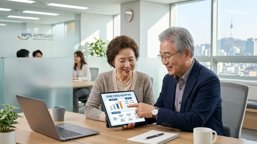 현대적이고 깔끔한 사무실 환경에서 한국의 노부부가 디지털 태블릿을 통해 2026년 기본연금 수급 자격 기준을 살펴보는 모습을 담은 전문적인 인포그래픽입니다.