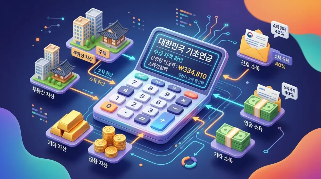 집, 금괴, 급여 명세서 등의 아이콘으로 둘러싸인 계산기를 3D 디지털 일러스트로 표현하여 한국 기본연금의 복잡한 재정 구조를 설명합니다.