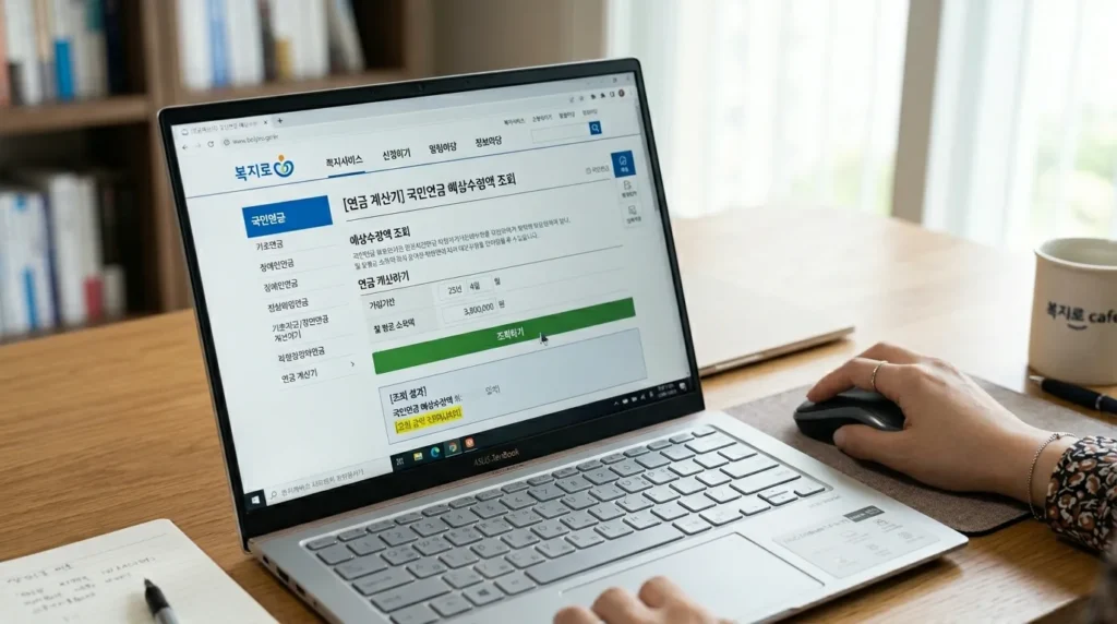 한국인의 손이 노트북 화면의 '복지로' 웹사이트에서 마우스를 사용하여 연금 계산기 부분을 클릭하고 있는 고화질 스크린샷입니다.