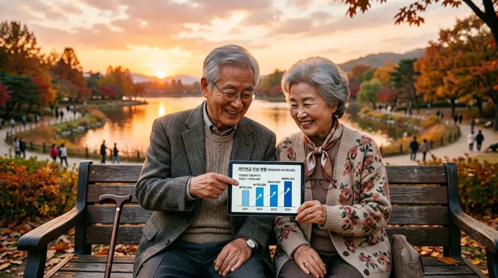 품위 있는 노부부가 공원 벤치에 앉아 따뜻한 석양을 배경으로 디지털 태블릿에 표시된 연금 인상률 막대 그래프를 보고 있습니다.