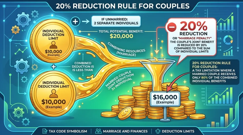 두 개의 금화가 더 큰 더미에 부분적으로 합쳐지는 모습을 보여주는 인포그래픽 이미지로, 부부 연금 20% 감면 규정을 상징합니다.