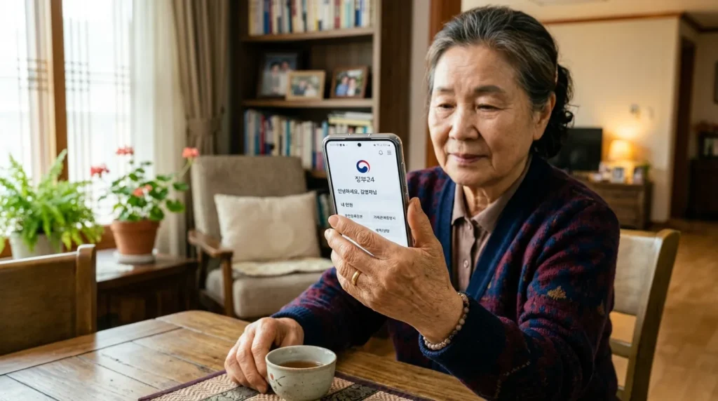 안심할 수 있는 집 내부를 배경으로, 노년의 한국 노인이 손에 든 스마트폰 화면에 정부 기관 앱이 표시되어 있습니다.