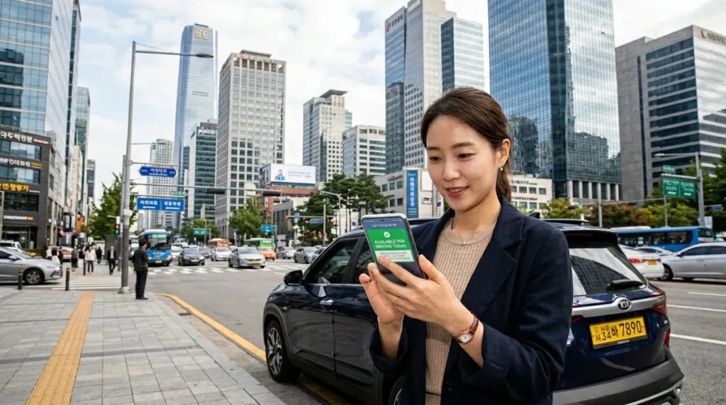 도심의 빌딩 숲을 배경으로, 스마트폰 앱을 통해 자신의 차량 번호를 확인하며 오늘 운행 가능 여부를 파악하는 한국인 운전자의 모습. 화면에는 "오늘 운행 가능"이라는 초록색 메시지가 명확하게 보인다.