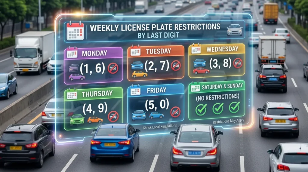 도로 위를 달리는 다양한 차량들 위로, 요일별로 제한되는 차량 번호 끝자리를 표시하는 인포그래픽이 투명하게 오버레이 되어 있다. 인포그래픽은 월요일(1,6), 화요일(2,7) 등을 명확하게 보여준다.