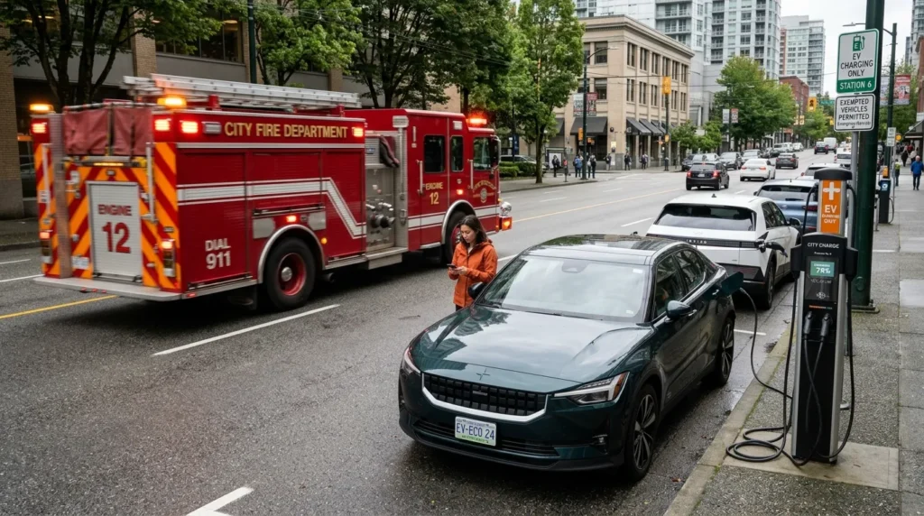전기차 충전소에서 충전 중인 친환경 전기차와, 그 옆으로 주황색 빛으로 반짝이는 긴급 차량(소방차 또는 구급차)이 지나가는 모습. 면제 대상 차량의 다양성을 시각적으로 보여준다.