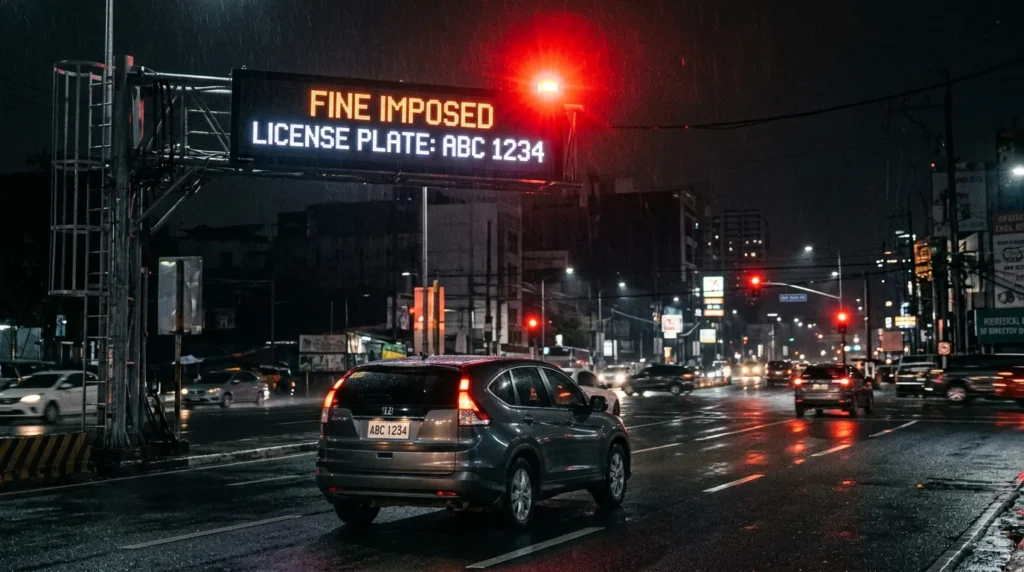 어두운 배경에 빨간색 경고등이 깜빡이며 '과태료 부과'라고 쓰인 디지털 표지판이 서 있고, 그 앞을 번호판 끝자리가 제한된 날에 운행하는 차량이 지나가는 모습. 긴장감 있는 분위기를 연출한다.