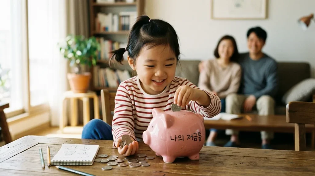 한국인 아이가 저금통에 동전을 넣고 있는 모습. 아이의 손에는 여러 개의 동전이 들려 있고, 저금통은 가득 차 있는 듯하며, 배경에는 미소 짓는 부모의 모습이 흐릿하게 보인다.