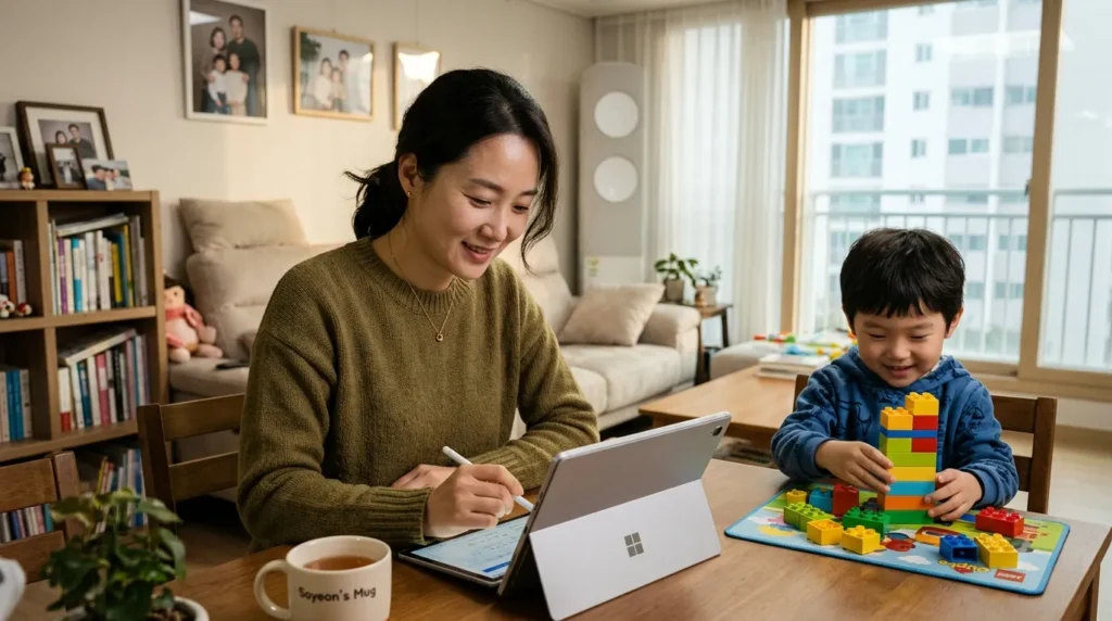 한국인 엄마가 태블릿으로 정부24 웹사이트에서 아동수당 신청 양식을 작성하고 있는 모습. 옆에는 아이가 블록 장난감을 가지고 놀고 있으며, 따뜻하고 안정적인 가정 분위기이다.