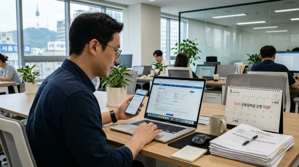 한국의 현대적인 사무실에서 한 남성이 노트북과 스마트폰을 사용하여 국세청 홈택스 페이지에 접속해 근로장려금을 신청하는 모습, 책상 위에는 달력과 서류가 깔끔하게 정리되어 있음