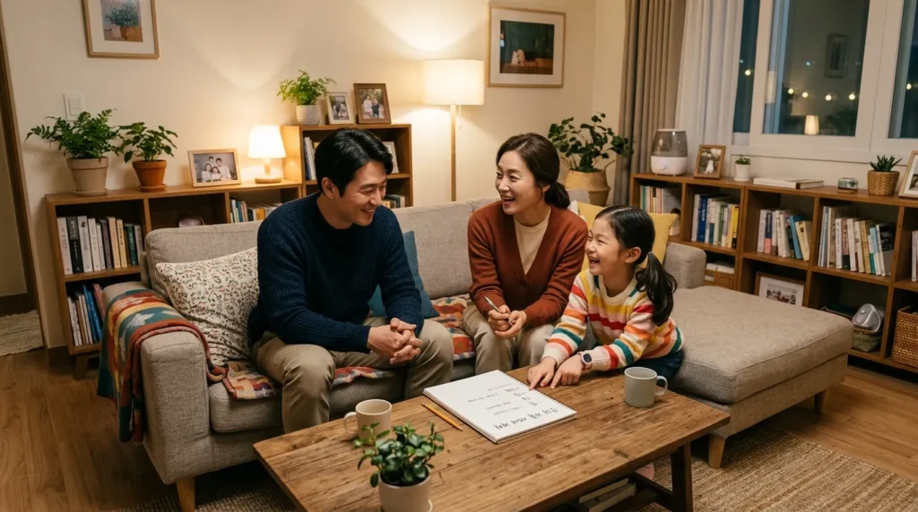 따뜻한 거실에서 한국인 가족(부부와 아이)이 함께 앉아 미래 계획을 세우며 화목하게 대화하는 모습, 배경에는 아늑한 집안 인테리어가 보임