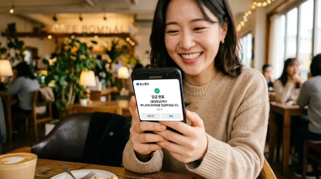 스마트폰 화면에 입금 알림 메시지가 떠 있고, 이를 보고 환하게 웃는 한국인 여성의 클로즈업 샷, 배경은 밝고 희망적인 분위기의 카페 내부