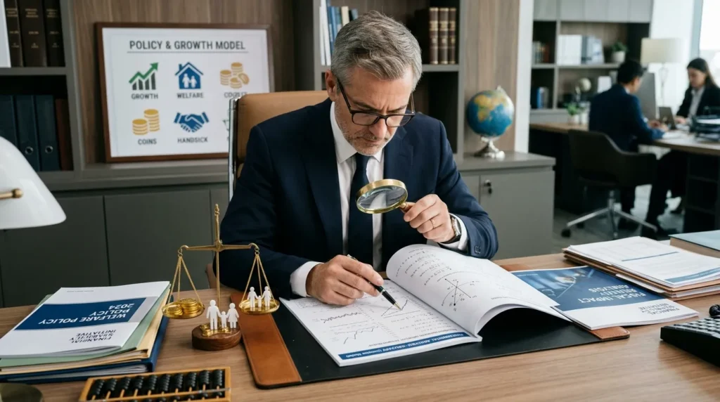 돋보기로 복잡한 숫자와 그래프가 그려진 서류를 꼼꼼히 검토하는 전문적인 분위기의 이미지, 금융과 복지 정책을 상징하는 시각적 요소들이 조화롭게 배치됨