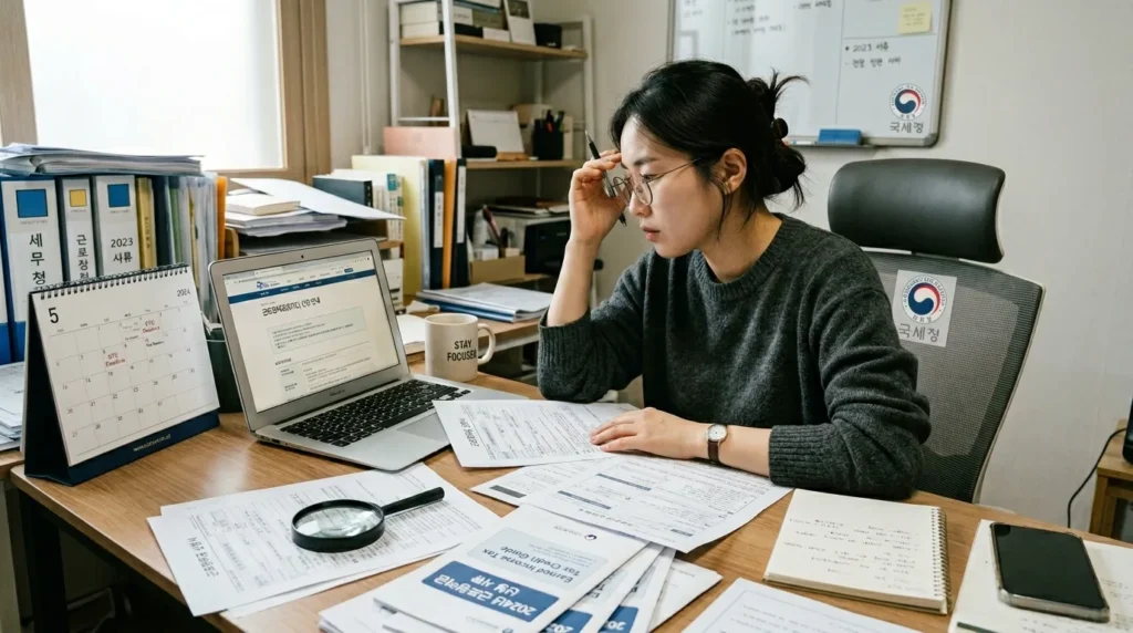 한 한국인 여성이 노트북 앞에 앉아 세금 서류를 검토하며 근로장려금 신청 절차를 이해하려 노력하는 모습. 주변에는 달력과 돋보기가 놓여 있고, 배경으로는 국세청 로고가 희미하게 비치는 오피스 환경