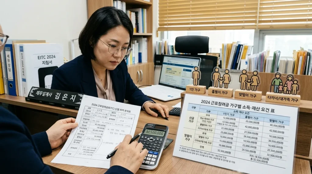 꼼꼼한 한국인 재무 설계사가 서류와 계산기를 놓고 근로장려금 자격 기준표를 보며 소득 및 재산 요건을 분석하는 모습. 다양한 가구 형태를 상징하는 아이콘들이 테이블 위에 배치되어 있다.