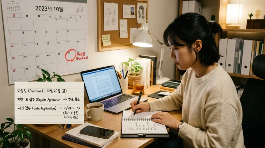 캘린더에 마감일이 빨간색으로 표시되어 있고, 그 옆에 '기한 후 신청'과 '정기 신청'이라는 글씨가 적힌 메모지가 놓여 있다. 한 한국인이 침착하게 다음 계획을 세우는 모습.